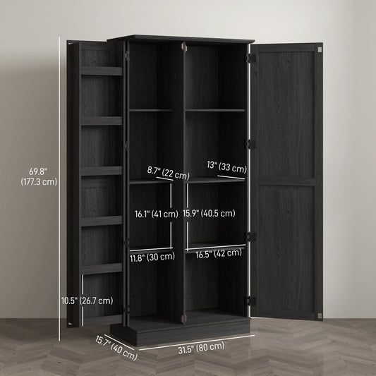 HOMCOM 70" Tall Kitchen Pantry Cabinet with Door Shelves and Adjustable Shelves, Black Wood Grain
