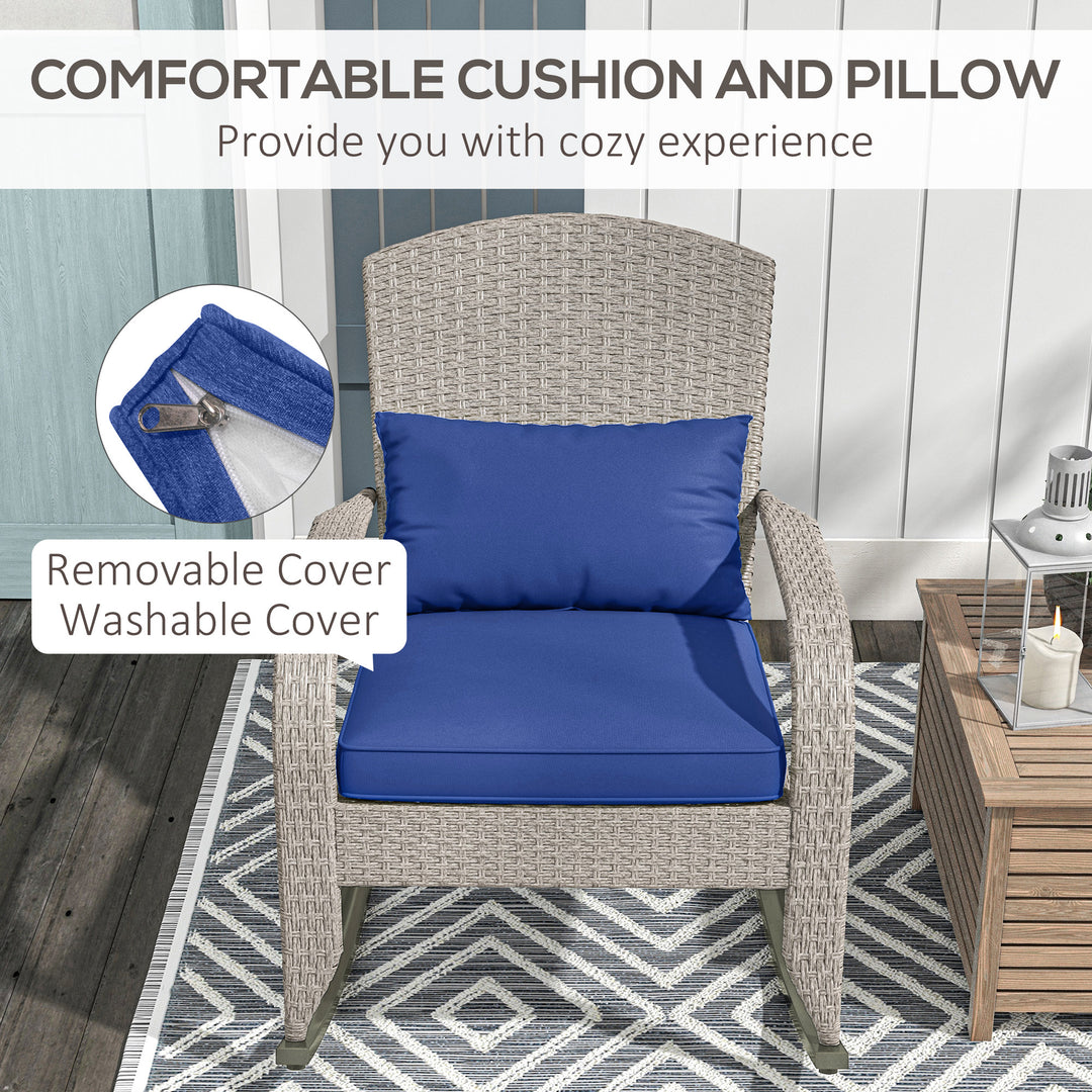 Outsunny Adirondack Chair, Outdoor Wicker Rocking Chair with High Back, Seat Cushion and Pillow for Porch, Balcony, Cream White