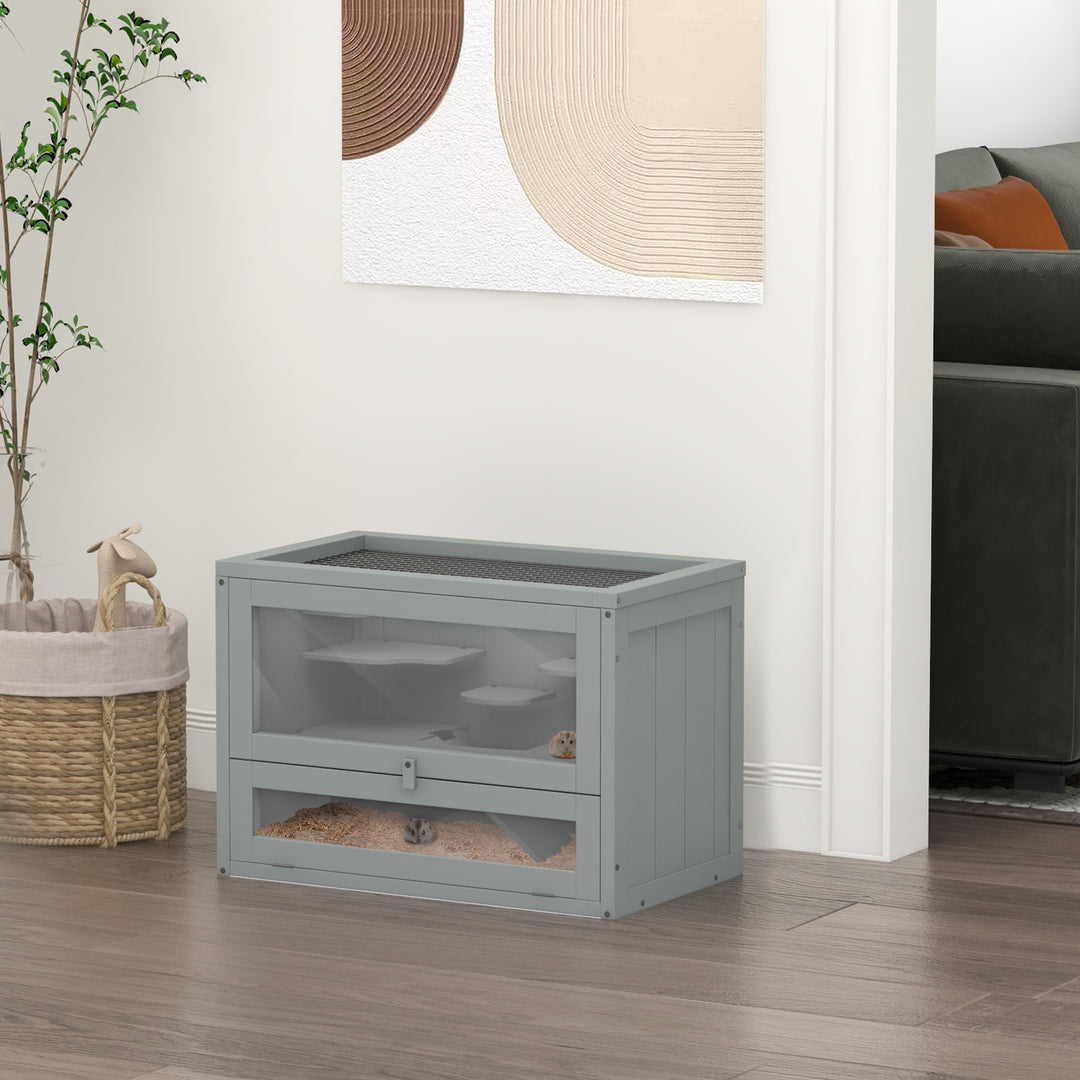 PawHut 24 Inch Hamster Cage, 2 Levels Small Animals Habitat Pet House with Openable Roof, Run Space, Platforms, Grey