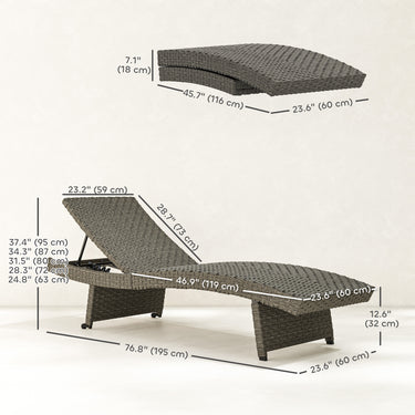 Outsunny Rattan Folding Outdoor Lounger Chair Recliner with 5-Level Adjustable Backrest, Wheels for Garden, Patio, Mixed Grey