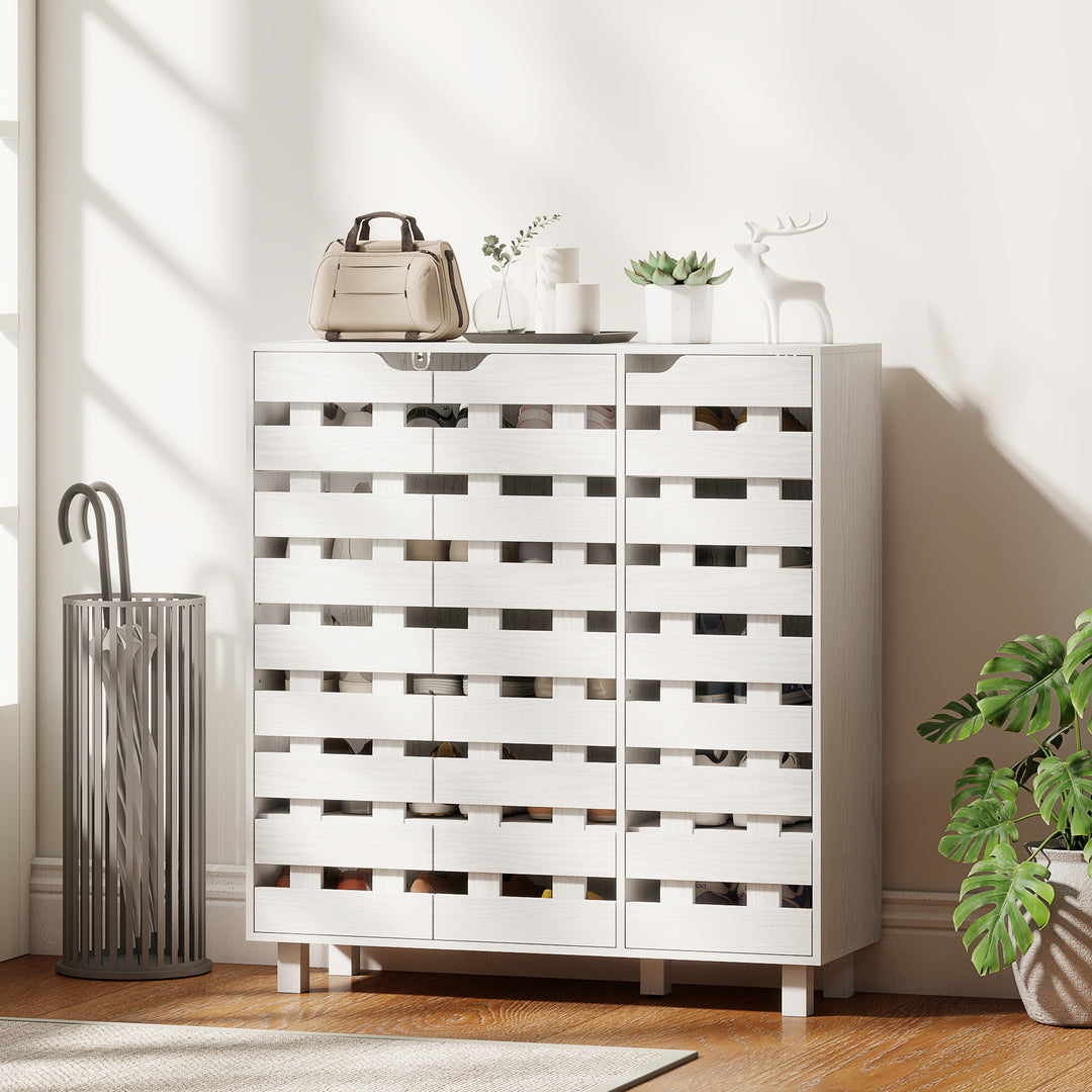 HOMCOM Shoe Cabinet, 21 Pair Shoe Storage Cabinet with Hollowed-Out Doors, White