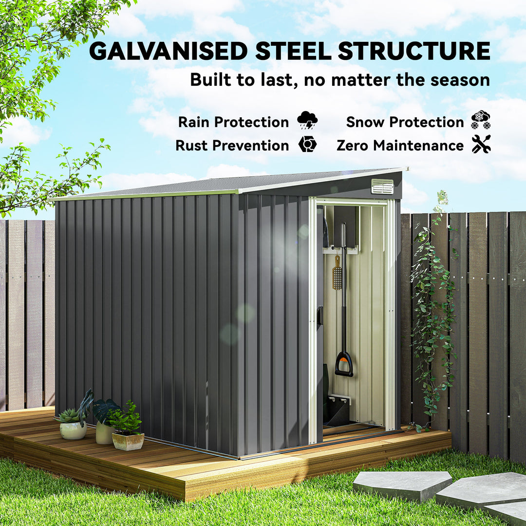 Outsunny 5x7 Garden Shed, Lean-to Metal Storage with Foundation, Sliding Door & 2 Vents for Garden Tools, White