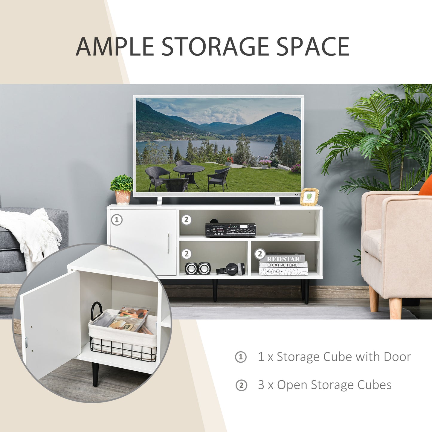 HOMCOM Modern TV Stand Cabinet for TVs up to 60 Inches with Storage Shelf, Cable Hole, Home Entertainment Unit Center, for Living Room Bedroom, White