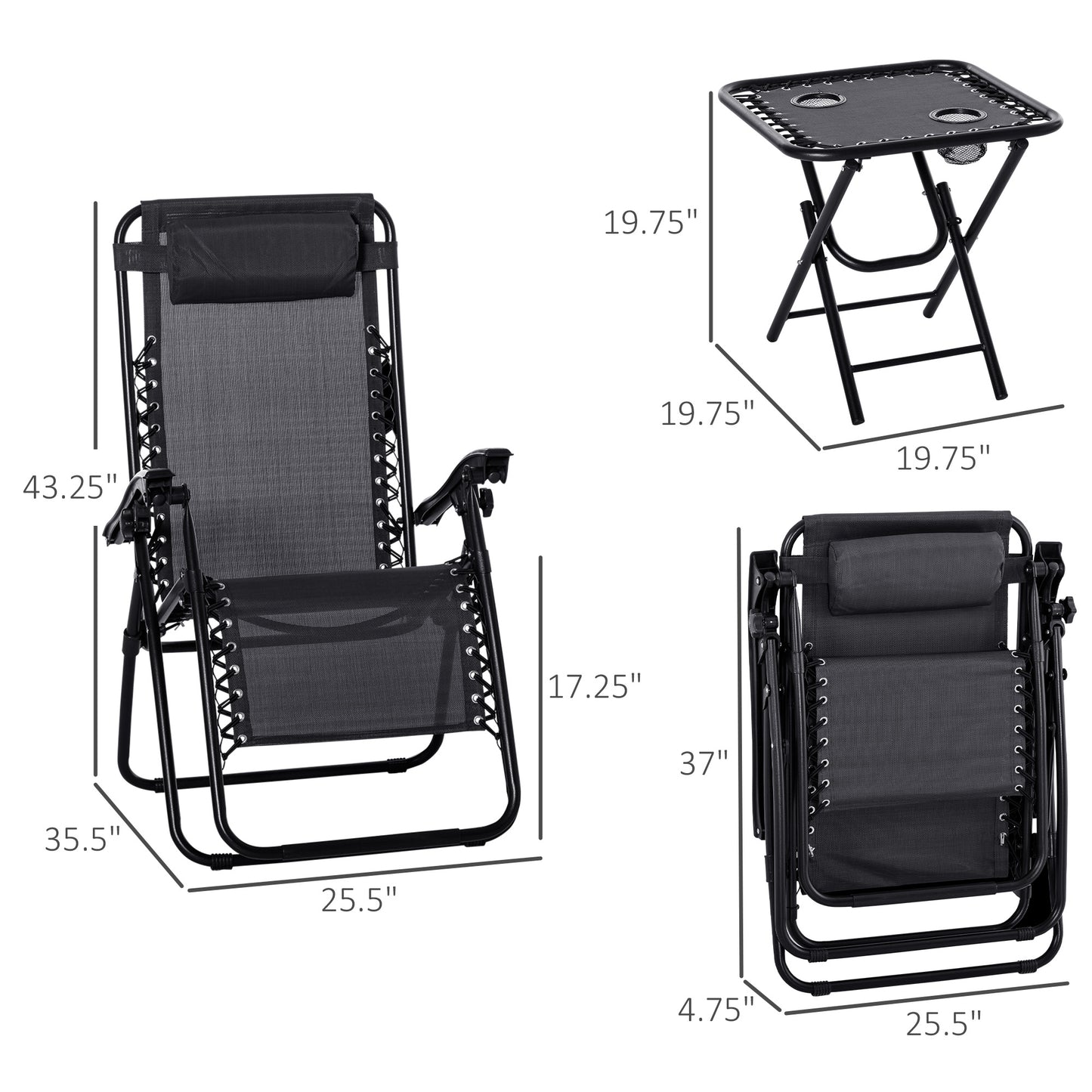 Outsunny Zero Gravity Chair Set of 2 Patio Chair with Side Table Cupholders and Pillows for Pool, Backyard, Lawn, Black