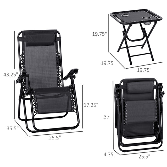 Outsunny Zero Gravity Chair Set of 2 Patio Chair with Side Table Cupholders and Pillows for Pool, Backyard, Lawn, Black