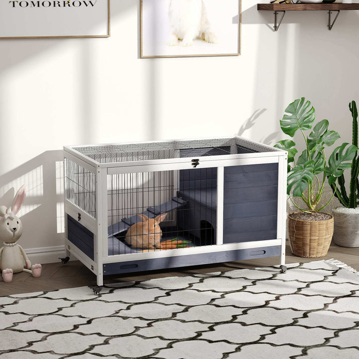 PawHut Wooden Indoor Rabbit Hutch Elevated Bunny Cage Habitat with Enclosed Run with Wheels, Suitable for Rabbits and Guinea Pigs, Grey