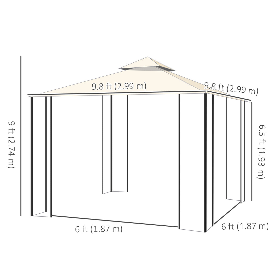 Outsunny 10'x10' Soft-top Patio Gazebo with Double Tier Roof, Mesh Curtains, Display Shelves, Top Hooks, Coffee