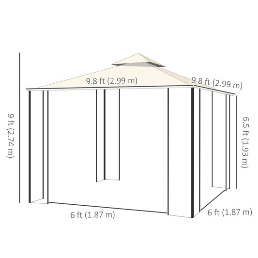 Outsunny 10'x10' Soft-top Patio Gazebo with Double Tier Roof, Mesh Curtains, Display Shelves, Top Hooks, Cream