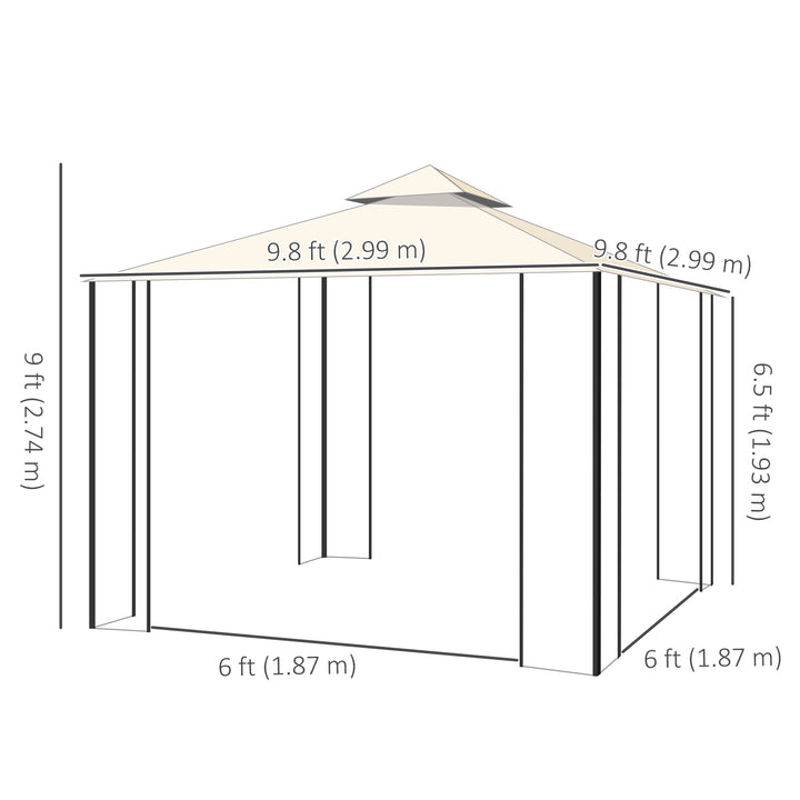 Outsunny 10'x10' Soft-top Patio Gazebo with Double Tier Roof, Mesh Curtains, Display Shelves, Top Hooks, Coffee