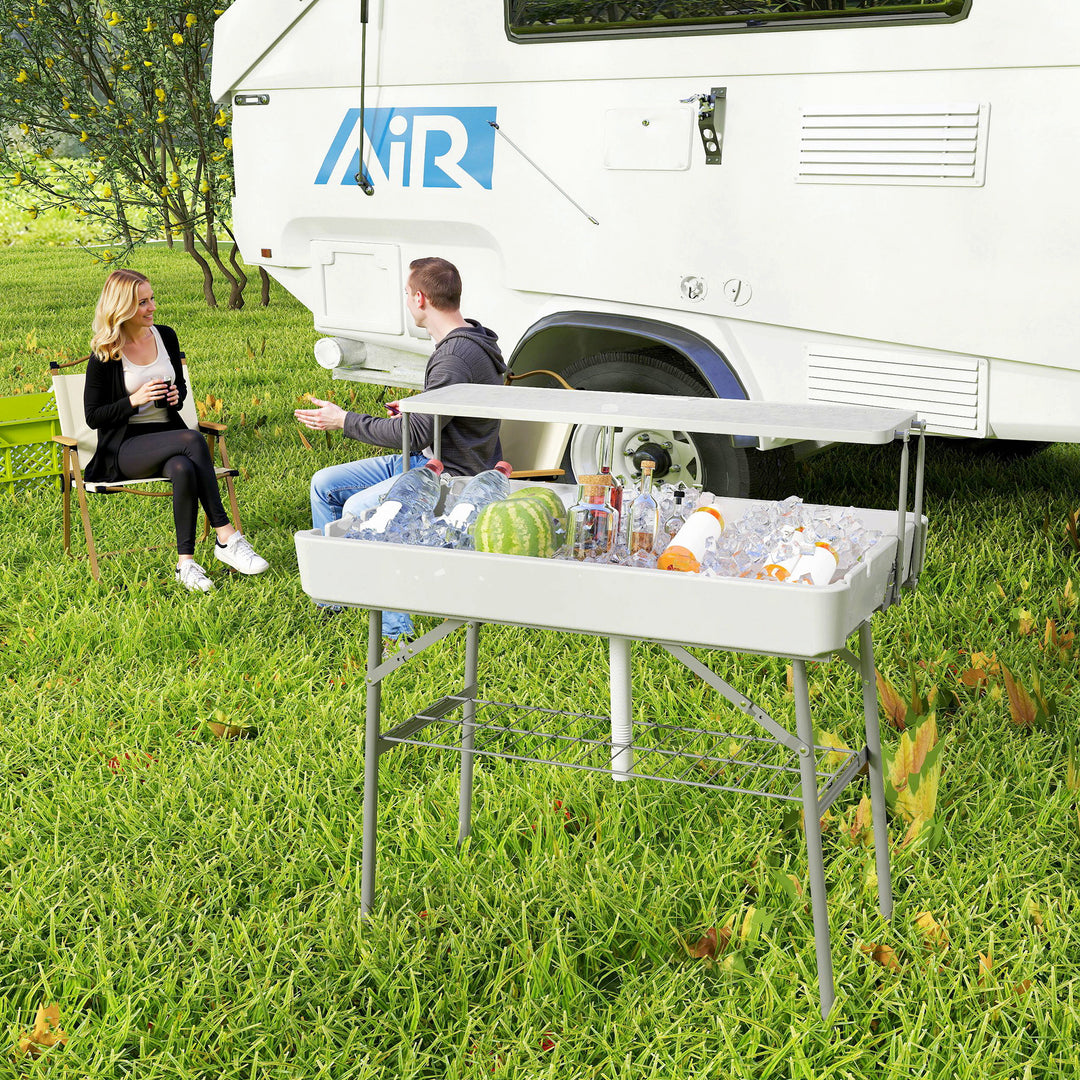 Outsunny 3.5ft Folding Ice Cooler Table with Drain, 2-Tier Outdoor Patio Party Cooler, Fishing Cleaning Table with Storage Shelf for Picnic BBQ Camping Wedding, White