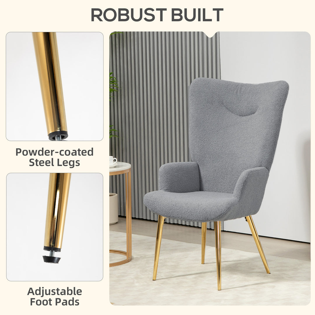 HOMCOM Modern Accent Armchair, Sherpa Boucle Lounge Chair with Metal Legs for Living Room, Bedroom, Grey