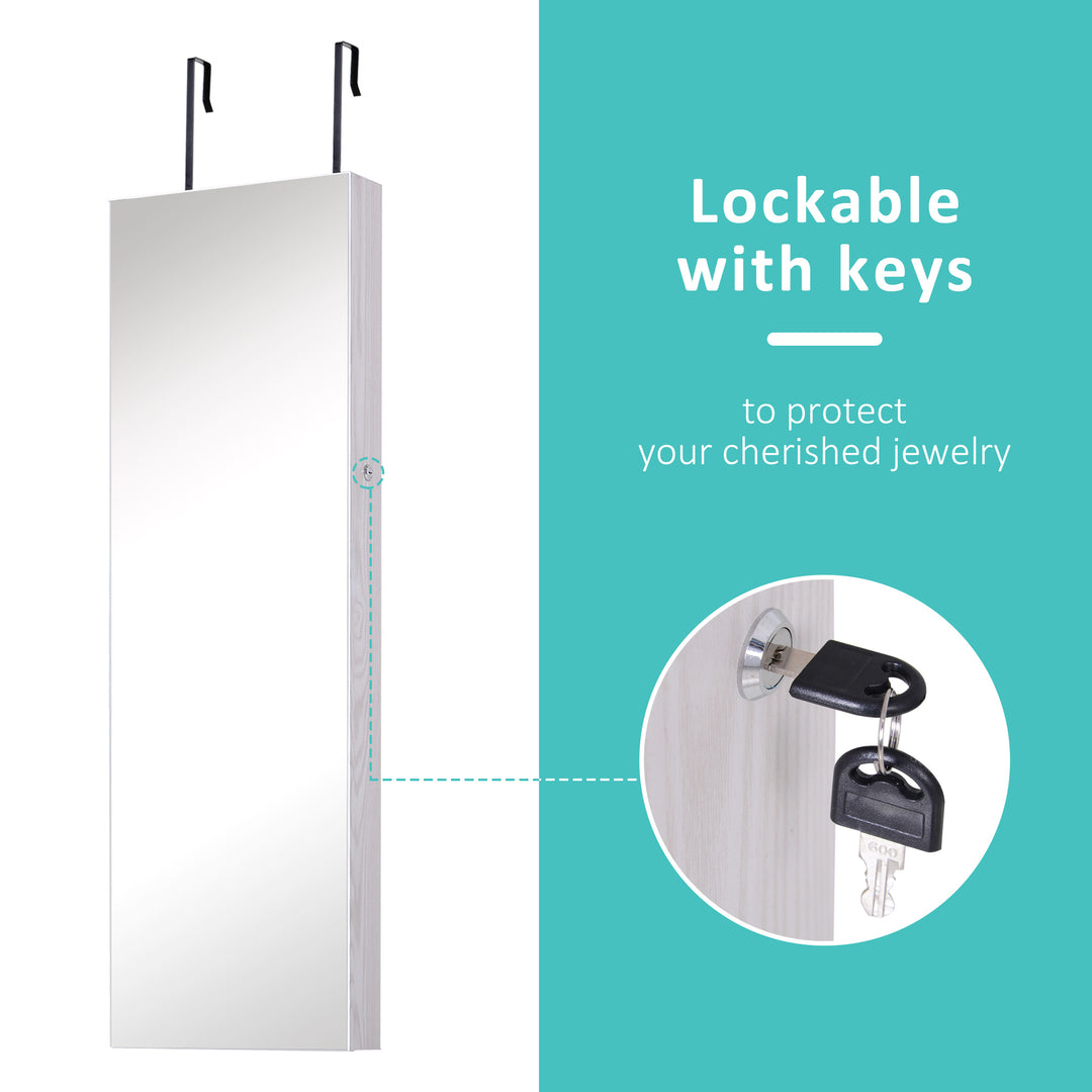 HOMCOM Mirror Jewellery Cabinet Armoire with LED Lights and 2 Keys, Wall Door Mounted Jewellery Organizer, Lockable Full-length Mirror, Wood Grain Grey