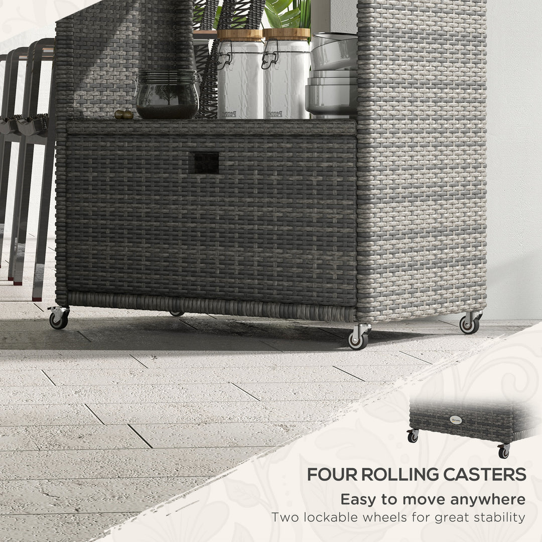 Outsunny Patio PE Wicker Garden Serving Cart with 2-Tier Shelf, Outdoor Wheeled Rattan Food Cart with Drawer, Handles, for Poolside, Garden, Mixed Grey