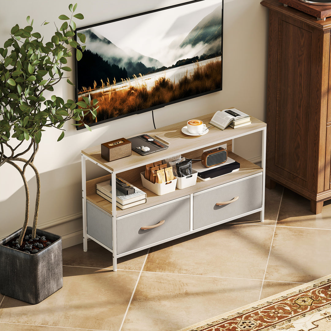 HOMCOM TV Stand with Charging Station, TV Table with 2 Foldable Linen Drawers and Open Shelf for 47 Inch TV, Rustic Brown