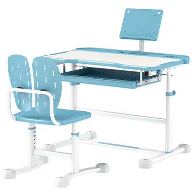 Qaba Height Adjustable Kids Desk and Chair Set with Tilt Desktop, Large Writing Board, Storage Drawer, Book Stand, Blue
