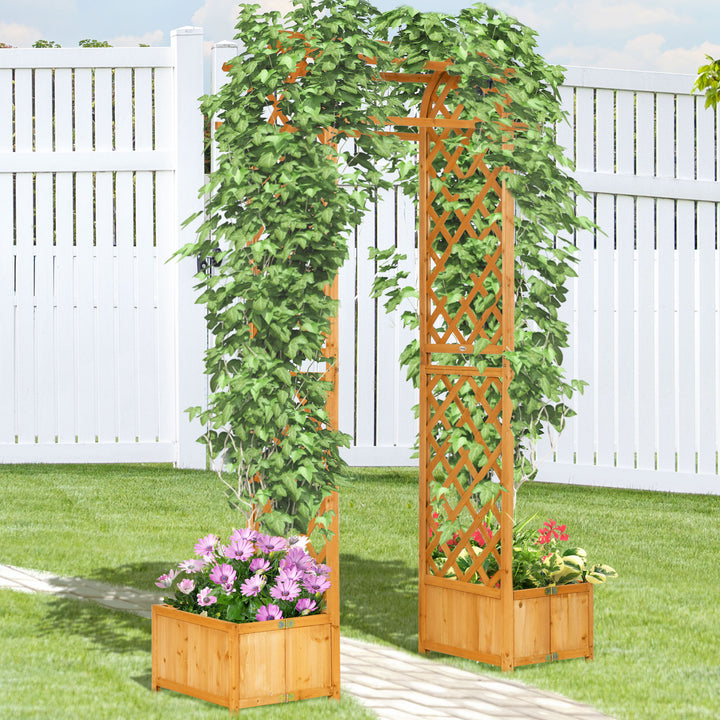 Outsunny 7.7FT Garden Arch with 2 Foldable Planter Boxes, Outdoor Wooden Trellis Arbor for Ceremony Party Weddings, Brown