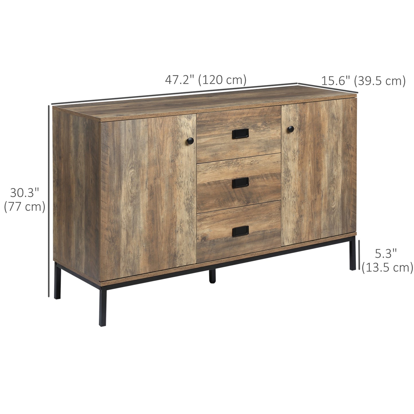 HOMCOM Industrial Sideboard Buffet Storage Cabinet Cupboard with 2 Doors, 3 Drawers and Shelves for Dining Room, Living Room, Brown