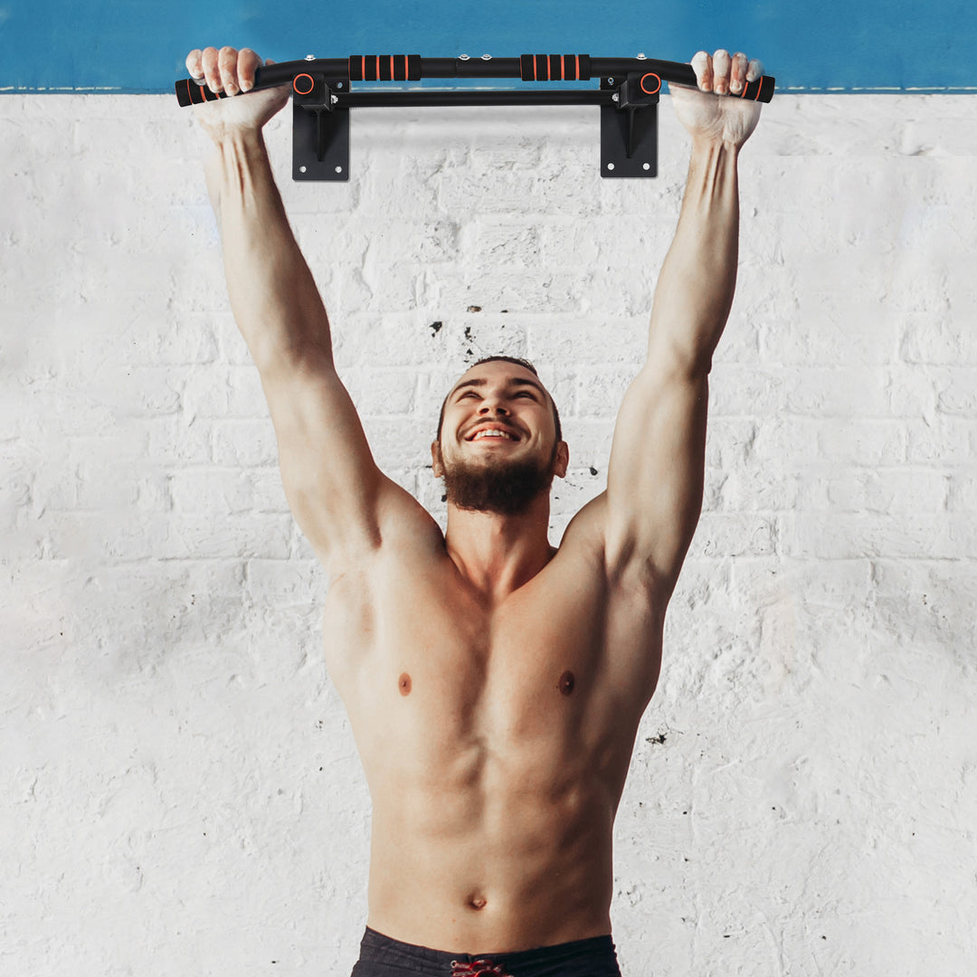 Soozier Pull Up Bar Wall Mount Chin Up Bar, Upper Body Strength Training Station with Non-Slip Foam for Home Gym, Black