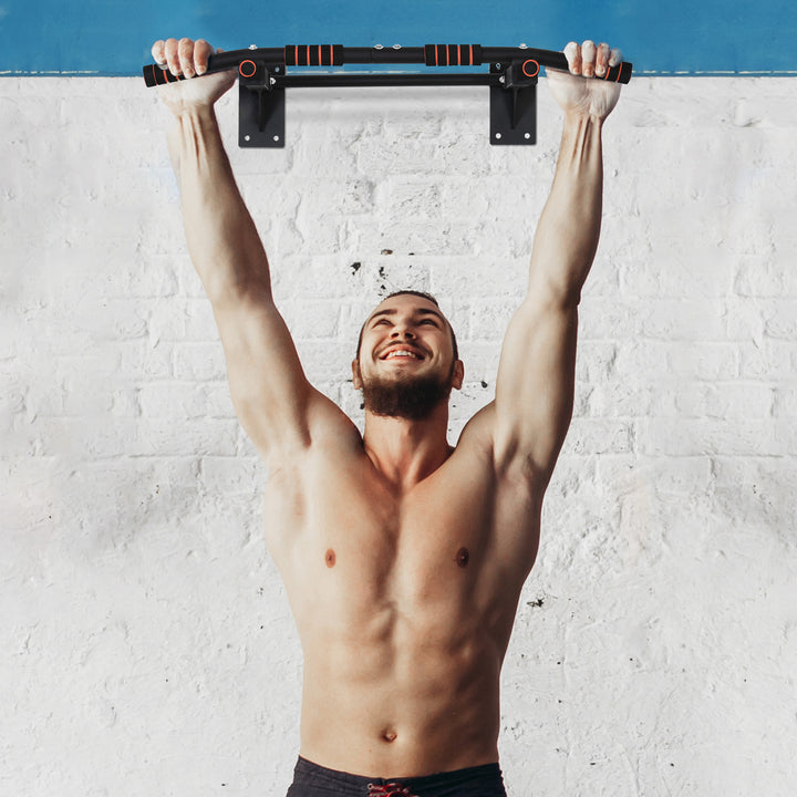 Soozier Pull Up Bar Wall Mount Chin Up Bar, Upper Body Strength Training Station with Non-Slip Foam for Home Gym, Black