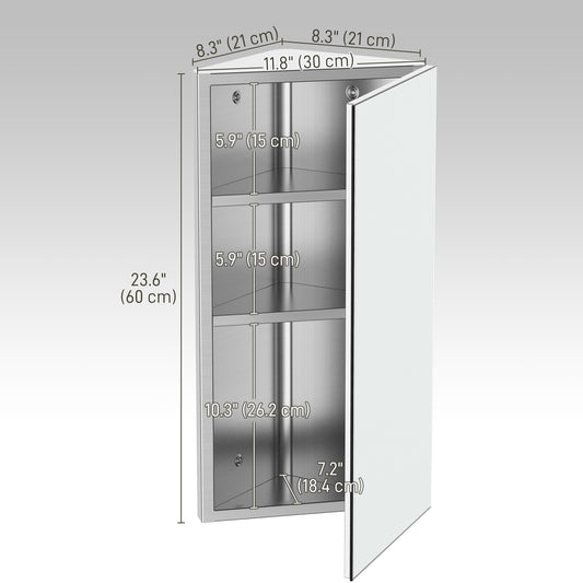 HOMCOM Wall mounted Bathroom Corner Mirror Storage Cabinet Stainless Steel with Single Door