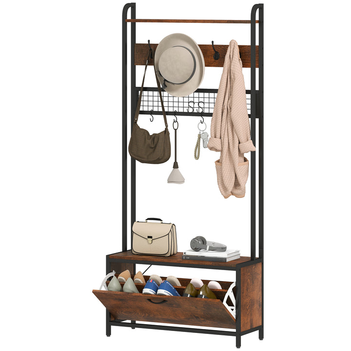 HOMCOM 5-In-1 Coat Rack Shoe Bench, Hall Tree with Bench, Shoe Cabinet, 10 Hooks for Hallway, Mud Room, Rustic Brown