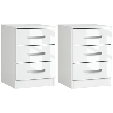 HOMCOM Modern Nightstand Set of 2, Bedside Tables with 3 High Gloss Drawers for Bedroom, White