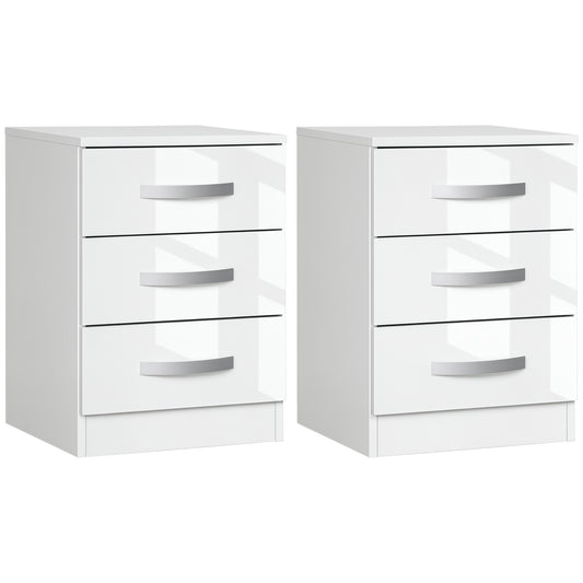 HOMCOM Modern Nightstand Set of 2, Bedside Tables with 3 High Gloss Drawers for Bedroom, White
