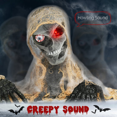 HOMCOM Halloween Animated Mummy with Glowing LED Eyes, Animatronic Halloween Decoration, Battery Operated