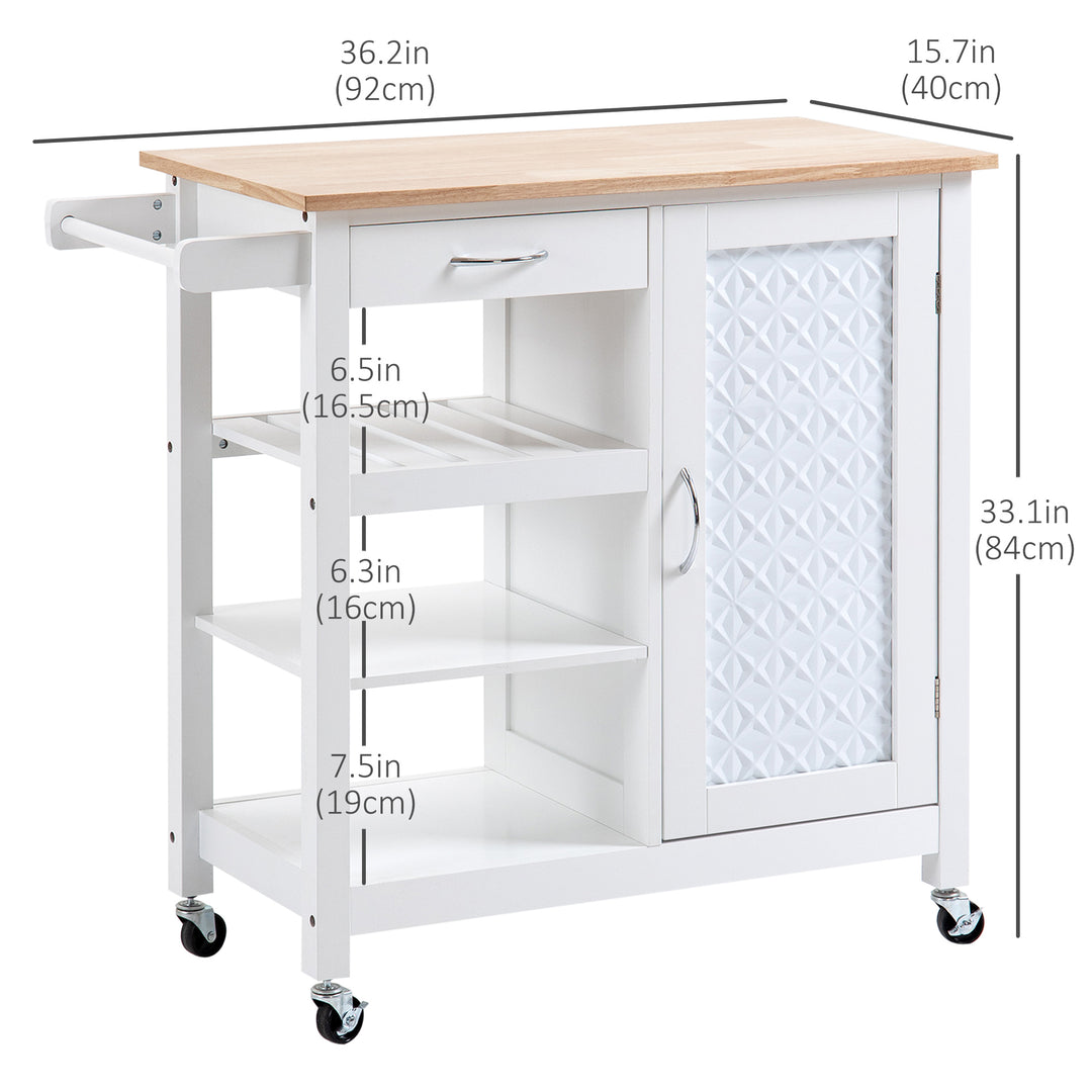 HOMCOM Kitchen Cart on Wheels with Embossed Door Panel, Utility Kitchen Island with Storage Drawer, White