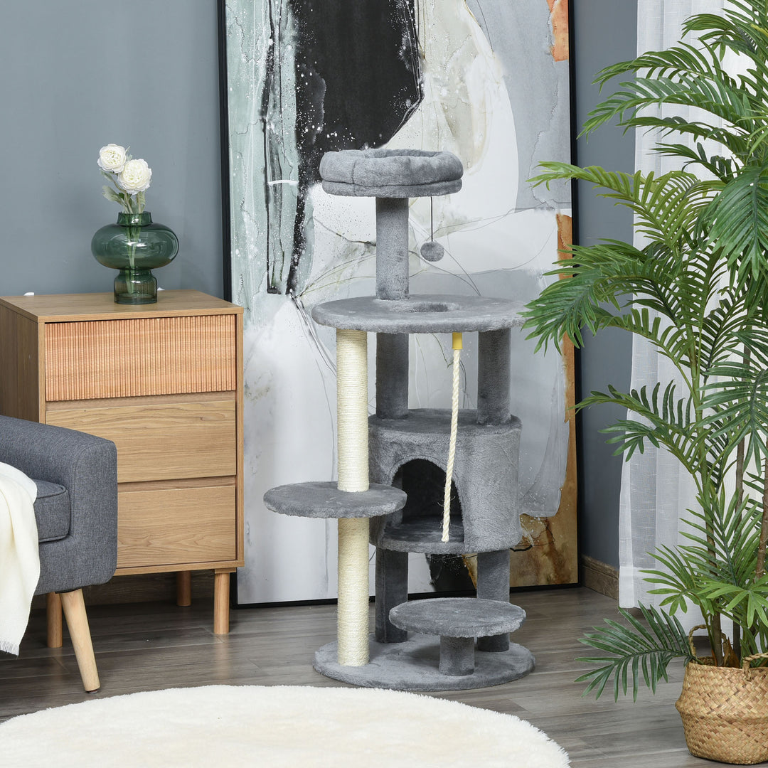 PawHut 41" Cat Tree Tower Activity Center with Condo, Scratching Posts and Hanging Toys, Dark Grey