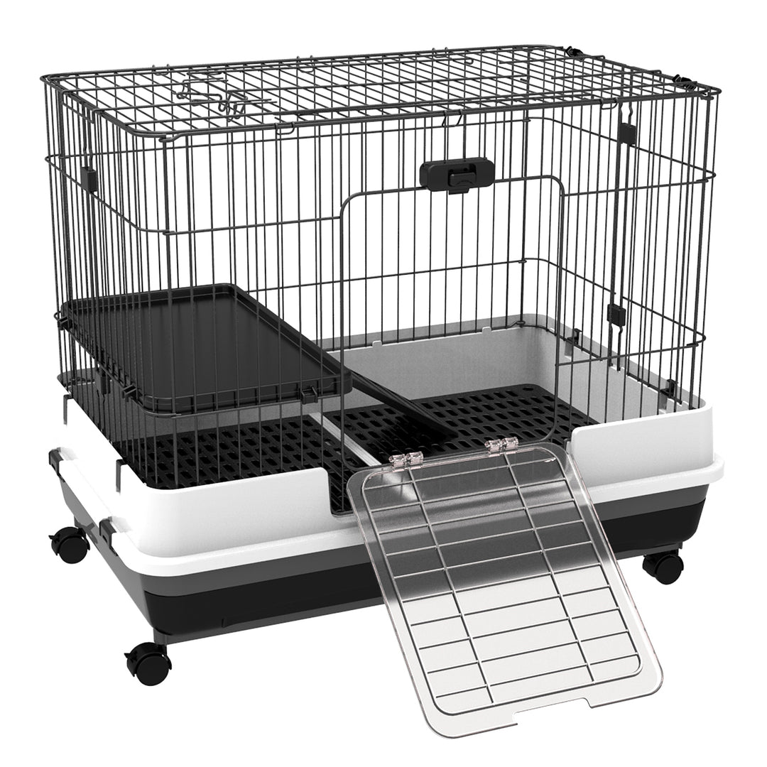 PawHut 32"L 2-Level Small Animal Cage with Universal Lockable Wheels, Pink