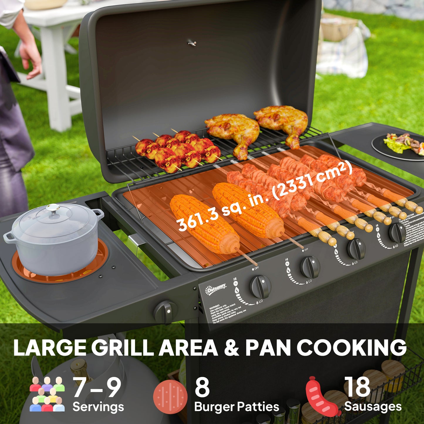 Outsunny 4+1 Burner Propane Gas BBQ Grill, Portable Gas Barbecue Grill with Side Burner, Thermometer, Lid, Side Table, Shelf, Spice Rack, Wheels, Grease Cup for Garden, Black