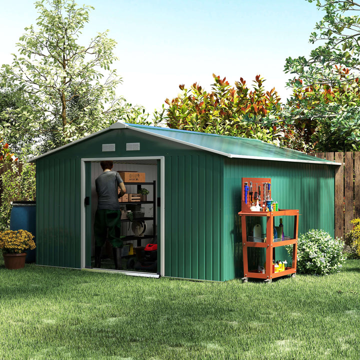Outsunny 11' x 13'Garden Storage Shed w/ Foundation Kit Metal Tool Storage House w/ Double Doors Yellow