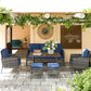 Outsunny 6 Piece Patio Furniture Set with Patio Chairs, Ottomans, Sofa, Glass Top Table and Cushions, Wicker Rattan Outdoor Furniture Set for Backyard, Porch, Grey