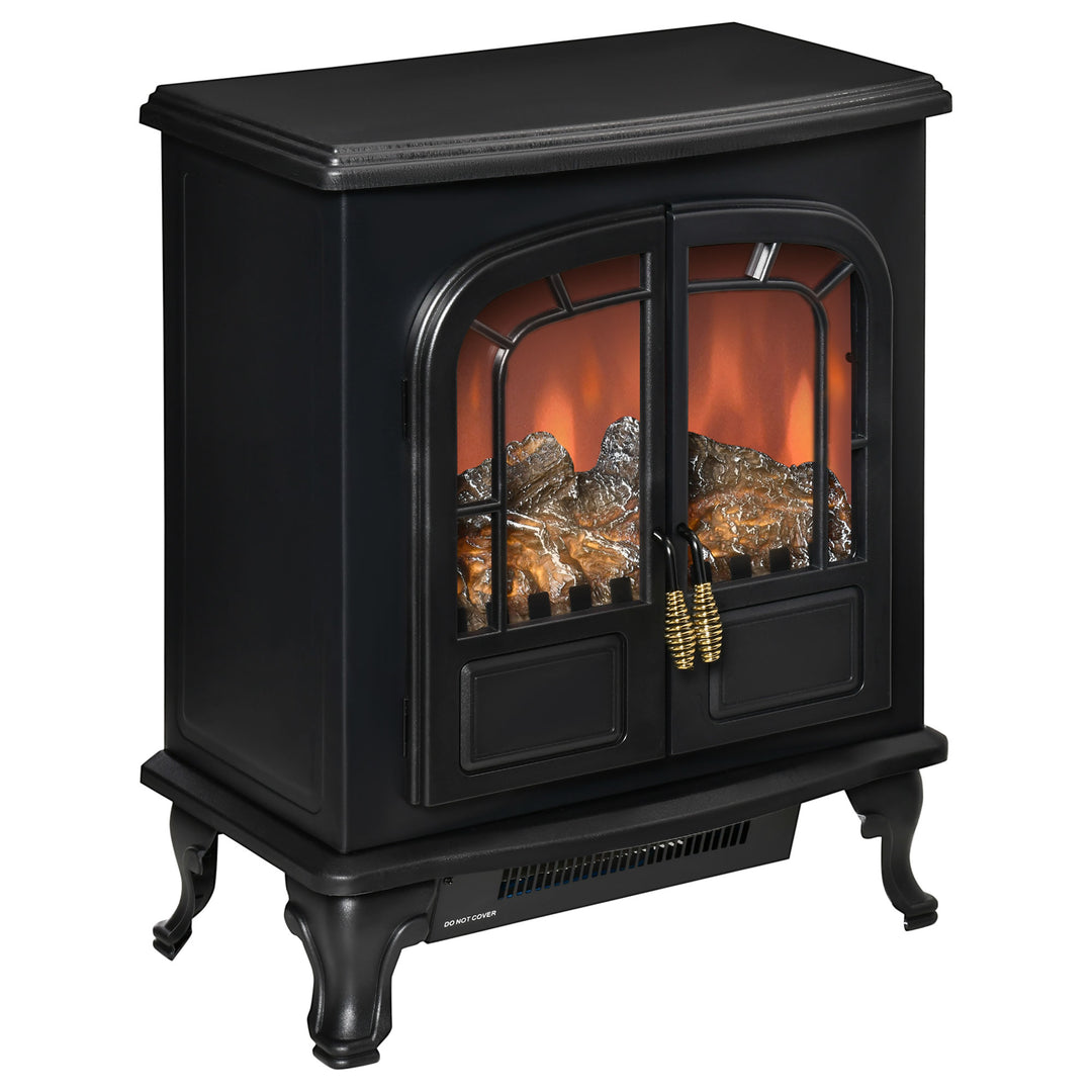 HOMCOM Electric Fireplace Stove Heater with LED Fire Flame Effect, Double Door, Freestanding & Portable with Overheat Protection, 750W/1500W, Black