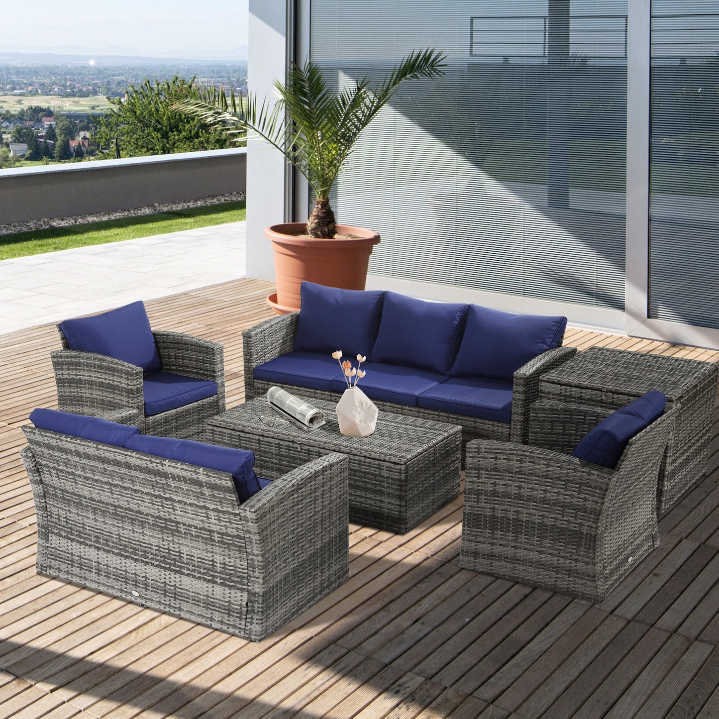 Outsunny 6 Pieces Wicker Patio Furniture Set with Cushions, 7-Seater Rattan Patio Sofa Set with Storage Table, Navy Blue