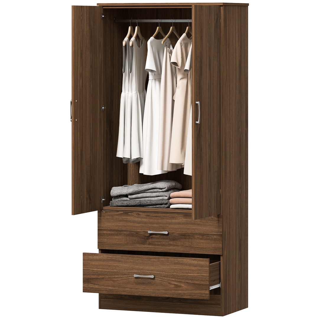 HOMCOM Wardrobe Closet Armoire with Hanging Rod and 2 Doors, Clothes Storage Organizer with 2 Drawers for Bedroom, Oak