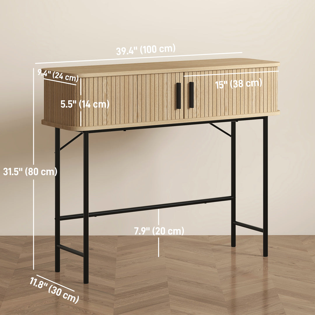 HOMCOM Mid-Century Narrow Console Table with Slatted Tambour Sliding Doors, Entryway Table with Steel Legs, Oak and Black