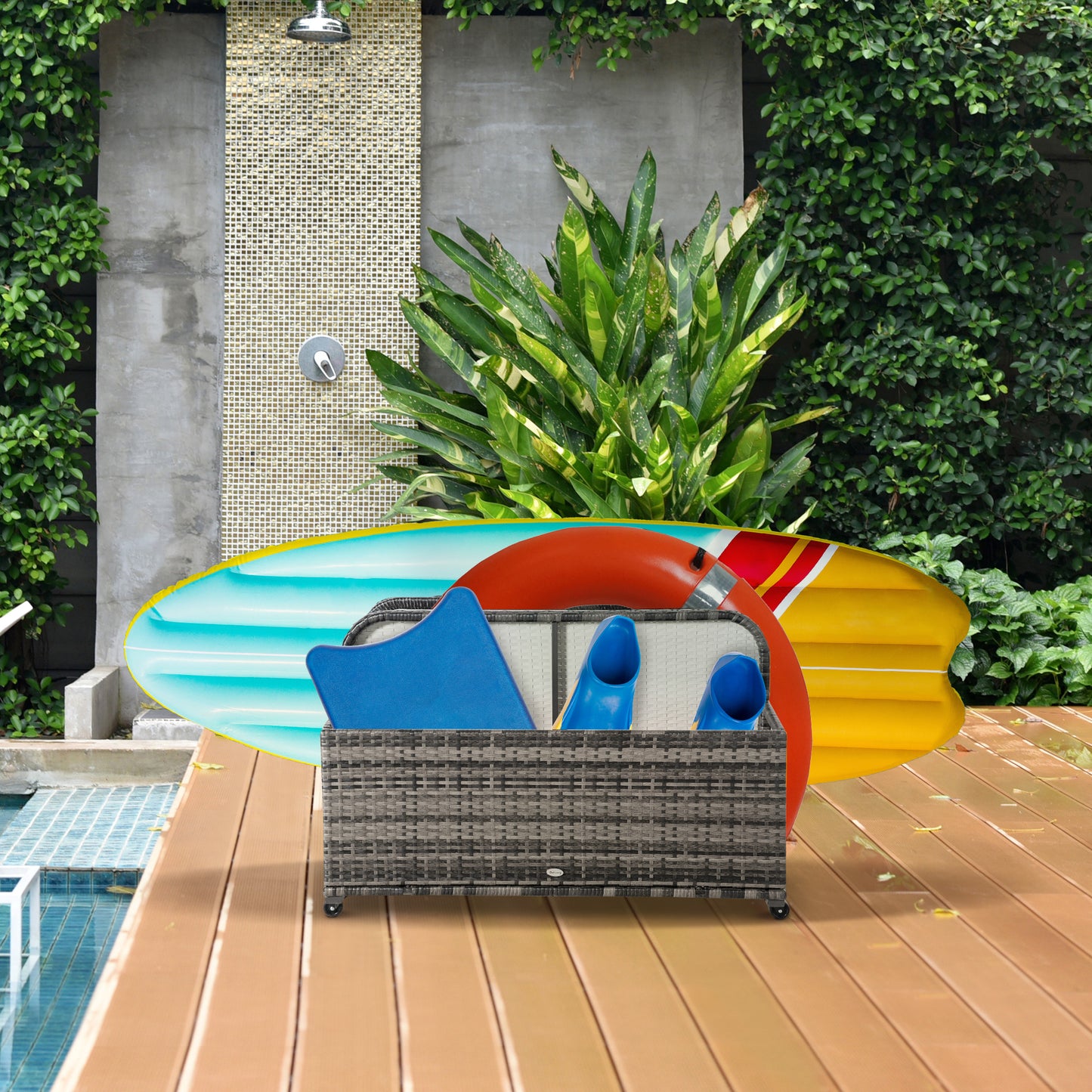 Outsunny Rolling Pool Storage Rattan Patio Furniture Outdoor Storage Wicker Organizer for Floats, Paddles, Balls, Towels, Brown