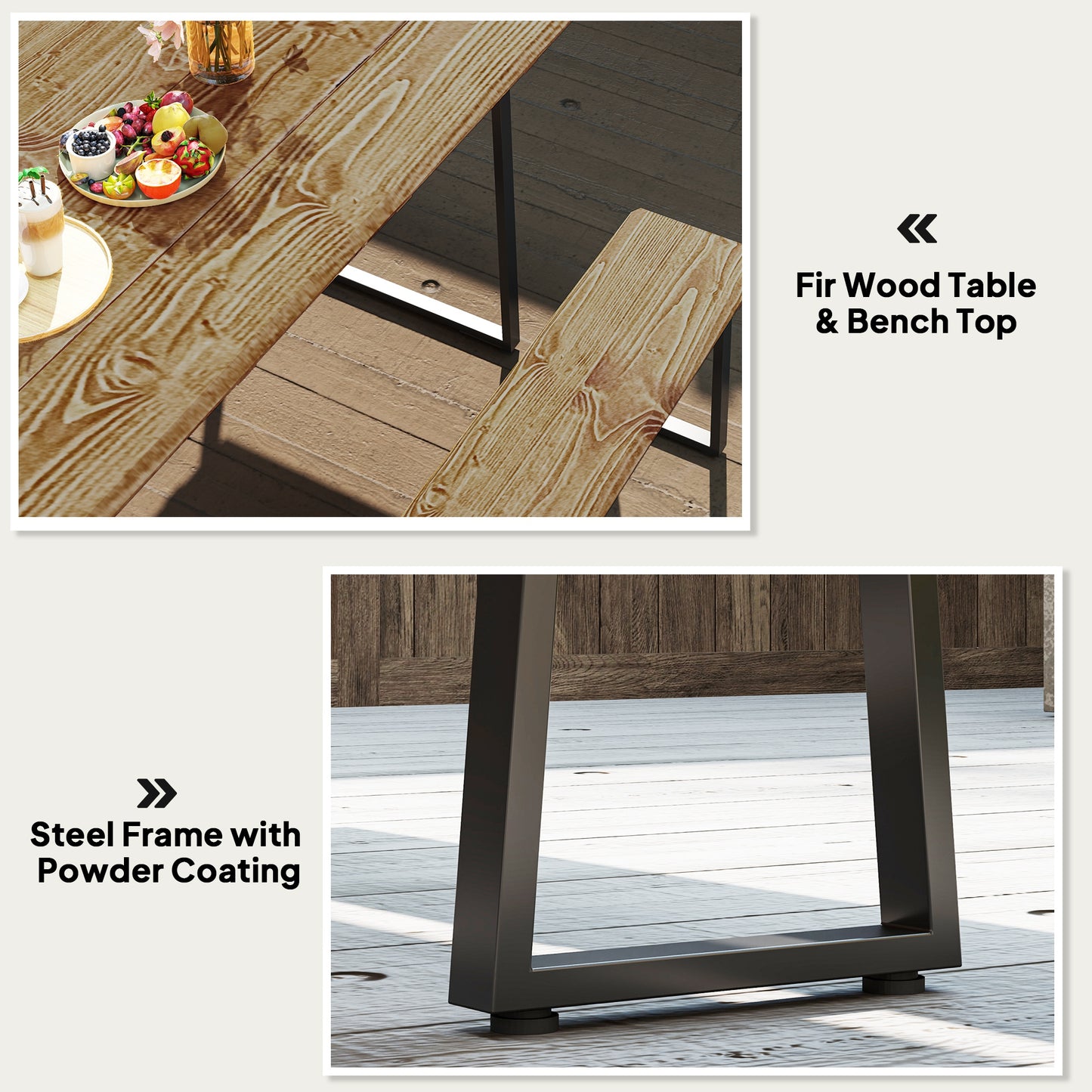Outsunny Picnic Table and Bench Set for 6 Persons with 2" Umbrella Hole, Slatted Top & Steel Frame, for Party, BBQ, Patio, Lawn