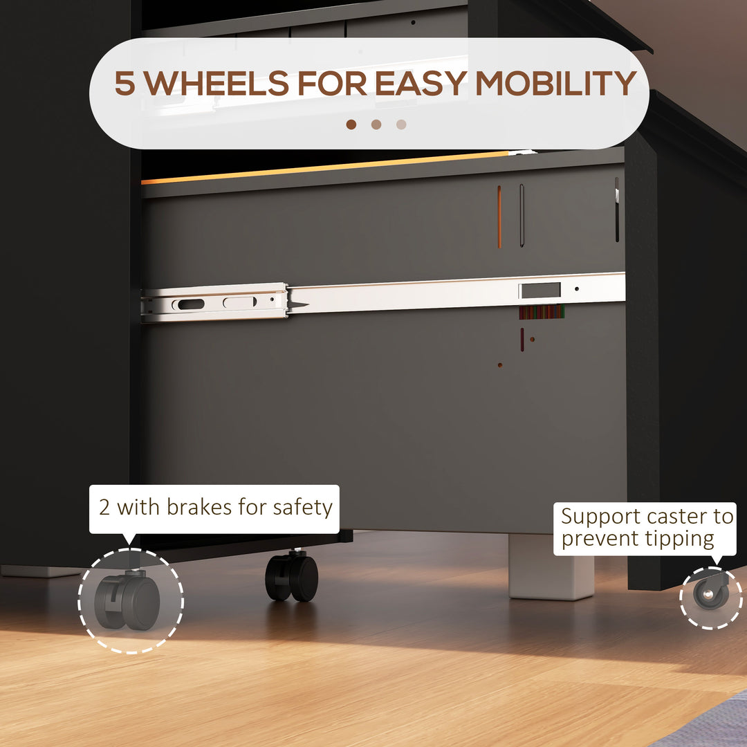 Vinsetto 3 Drawer File Cabinet with Lock, Steel Vertical Filing Cabinet with 5 Wheels and Hanging Bar for A4/Legal/Letter Size Files, Printer Stand with Pre-Assembled Body, White