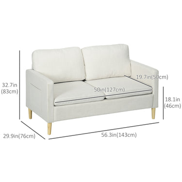 HOMCOM 56" 2 Seat Sofa, Modern Love Seats Furniture, Upholstered 2 Seater Couch with Side Pockets, Solid Steel Frame, White