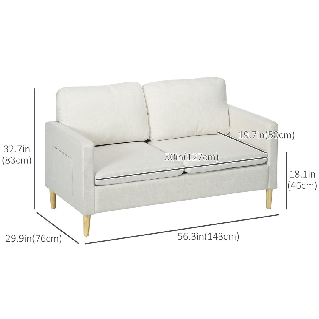 HOMCOM 56" 2 Seat Sofa, Modern Love Seats Furniture, Upholstered 2 Seater Couch with Side Pockets, Solid Steel Frame, White
