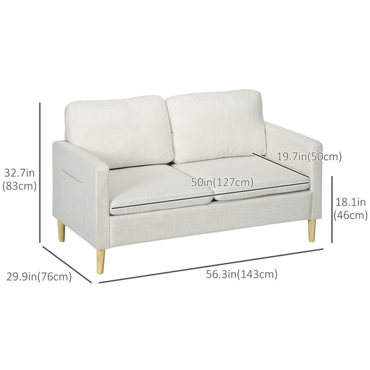 HOMCOM 56" 2 Seat Sofa, Modern Love Seats Furniture, Upholstered 2 Seater Couch with Side Pockets, Solid Steel Frame, White