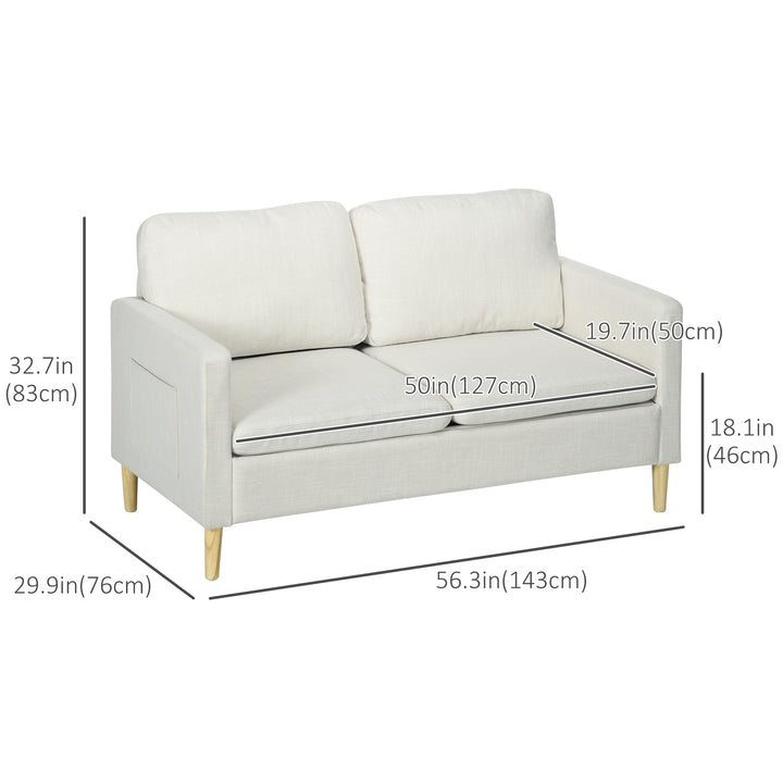 HOMCOM 56" 2 Seat Sofa, Modern Love Seats Furniture, Upholstered 2 Seater Couch with Side Pockets, Solid Steel Frame, White