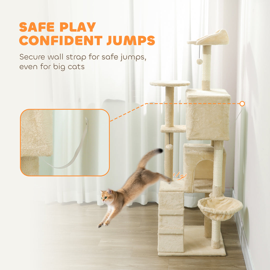 PawHut 63 Inch Cat Tree with Sisal Scratching Posts, Condos, Plush Perches, Hammock, Ladder, Dangling Balls, Pink