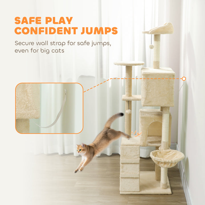 PawHut 63 Inch Cat Tree with Sisal Scratching Posts, Condos, Plush Perches, Hammock, Ladder, Dangling Balls, Pink