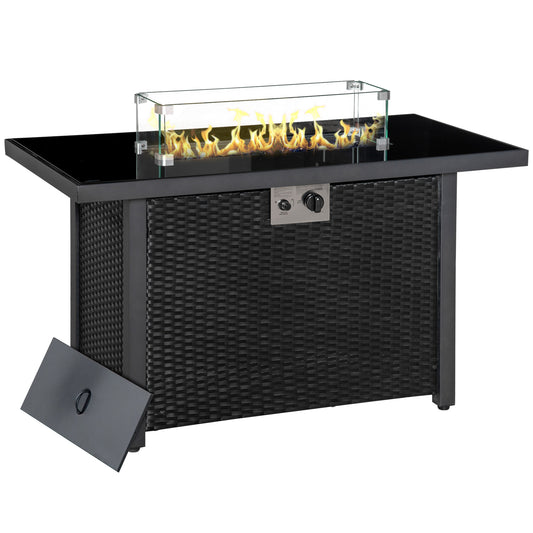 Outsunny Propane Fire Pit Table 43in Outdoor Fire Table, 50,000 BTU Pulse-Ignition Wicker Firepit Furniture with Glass Wind Guard, Blue Glass Rock, CSA Certification, Black