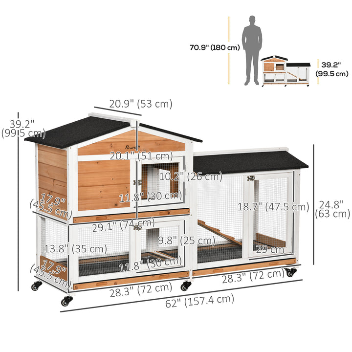 PawHut 62" Wooden Rabbit Hutch with Wheels, Run Box, Tray, Ramp for Small Animals, Guinea Pig, Indoor Outdoor Use, Light Grey