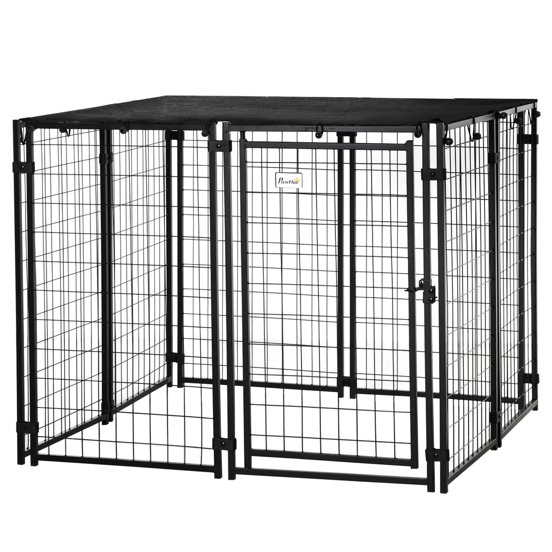 PawHut Outdoor Dog Kennel, Lockable Pet Playpen Crate with Top Cover, Black